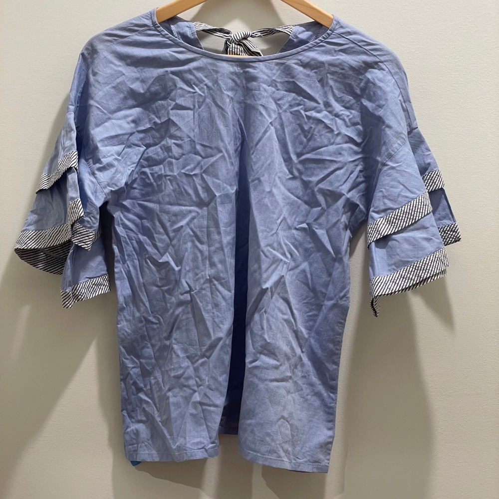 Bella Bliss Womens Blue Cotton Tiered Ruffle Sleeve Tie Back Top F18W05BS Size M